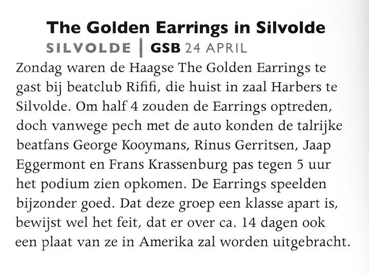 Golden Earrings April 23 1967 show info Silvolde - Zaal Harbers